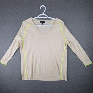 J Crew XXS Tan Yellow Piping 100% Merino Wool V-neck Pullover Sweater 993